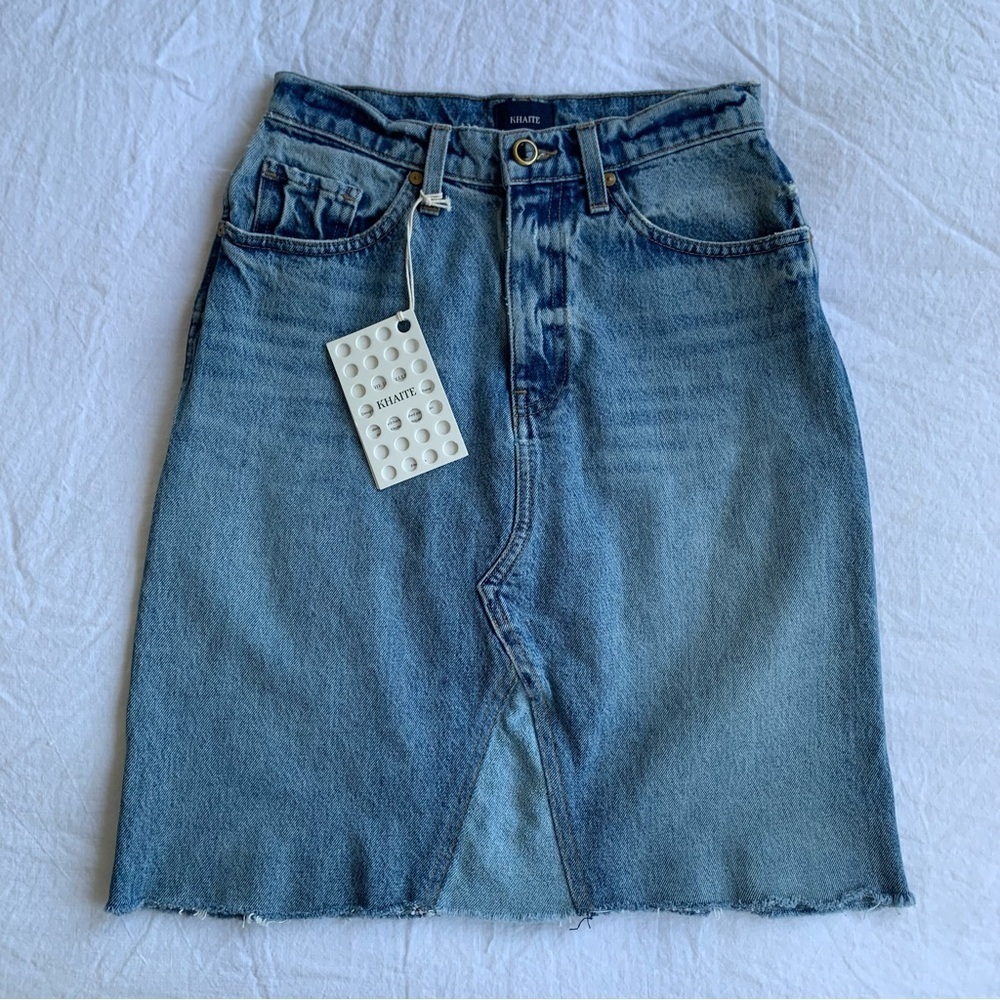 NWT Khaite Maggie Denim Jean Cotton Pencil Knee Length Skirt Blue Santa Cruz